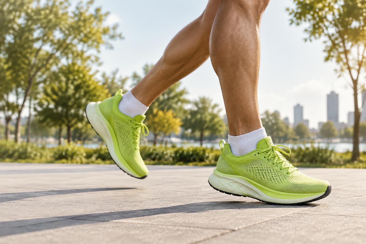 Lime running shoes in a sunlit park, used in a signal-led running campaign